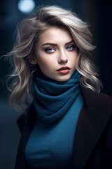 pretty blonde woman wearing a blue scarf and a black coat, set against a dark, blurred background, ai generative