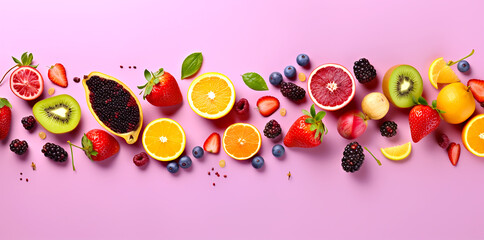 Various fruits healthy food concept Arrange a beautiful view Including fruits with high vitamins, fresh fruits such as oranges, apples, grapes, etc., with space on a pastel violet background.