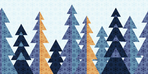 Winter geometric background, stylized forest, seamless border, vector design, banner