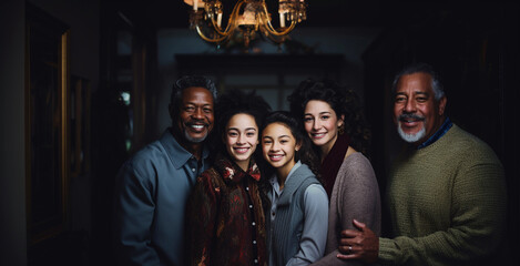 family of two gay fathers and three daughter, two young adult women and one young teenager girl - obrazy, fototapety, plakaty