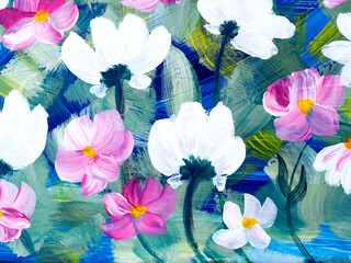 Abstract  flowers, original hand drawn, impressionism style, color texture, brush strokes of paint,  art background.