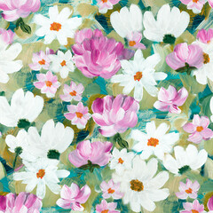Seamless pattern of abstract daisy flowers, original hand drawn, impressionism style, color texture, art painting, creative hand painted art background, brush texture, acrylic. - 685156349