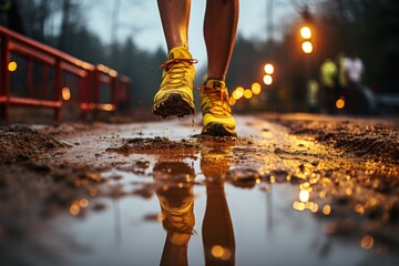 Runners images in rain puddles highlight the contrast of focused athletes, runner image
