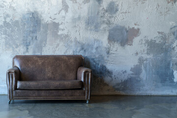 Loft room with brown leather sofa in loft style