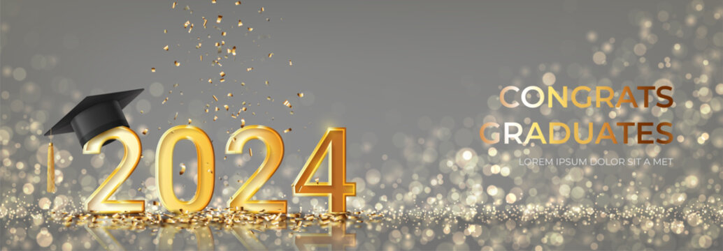 Banner for design of graduation 2024. Golden numbers with graduation cap and confetti on background with effect bokeh. Congratulations graduates 2024. Vector illustration for degree ceremony design.
