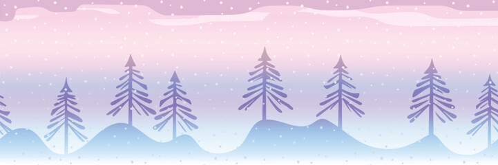 Minimalistic winter landscape, cartoon nature, forest and falling snow, seamless border, vector illustration