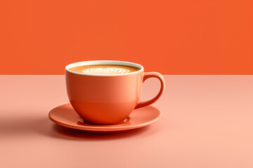 Cup of coffee on the table. Vibrant orange background. Space for text.