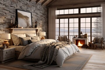 bed room with fireplace