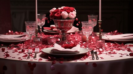 An elegant dining table covered in rose petals, heart-shaped confetti, and beautifully patterned...