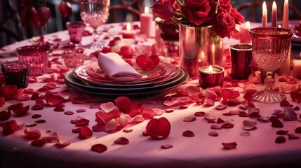 Obraz na płótnie Canvas An elegant dining table covered in rose petals, heart-shaped confetti, and beautifully patterned tableware for a romantic evening.