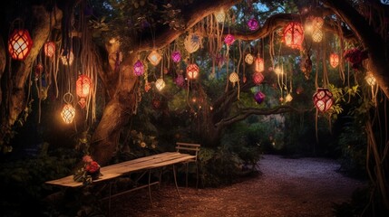 An enchanting garden scene with heart-shaped lanterns hanging from tree branches, surrounded by vibrant patterns and fairy lights.