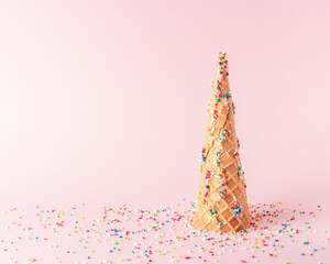 Christmas tree made of ice cream cone with sweet color decoration on pink background. Christmas or New Year minimal concept.