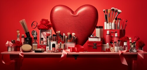 Artistic arrangement of Valentine's Day gifts and chic nail care tools against a vibrant red and...