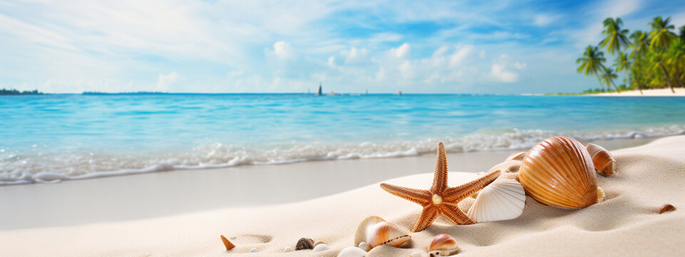 Tropical beach with sea-star in sand, copyspace for text. Concept of summer relaxation.Generative AI