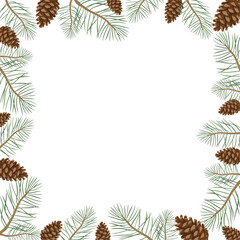 Fototapeta na wymiar Frame made of pine branches and cones. Color vector image on a white background.