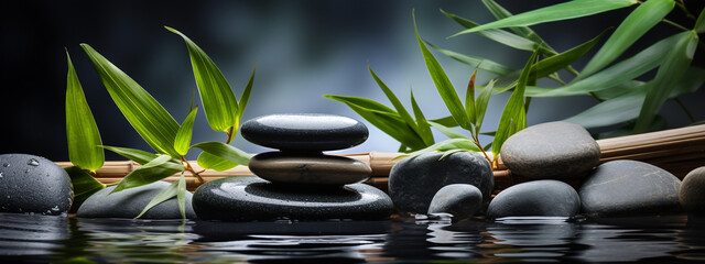 spa stones in garden with water flow and bamboo.Generative AI