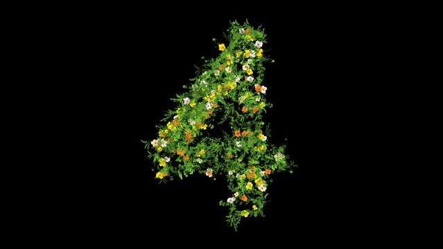 Number 4 with grass and colorful flowers on plain black background