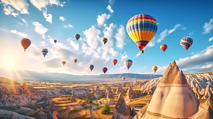 Obraz premium capture a photo of Hot air balloons flying over spectacular