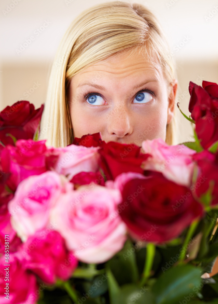 Canvas Prints Woman, rose bouquet and eyes with closeup, beauty and arrangement with studio background, surprise and gift. Look, female model and flowers for love, present and valentines day with romantic gesture