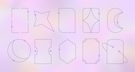 Modern aesthetic line frames collection with sparcle, stars. Y2k modern geometric vector arch shapes on holographic background
