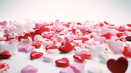 Close-up of red and pink hearts on a white background, Valentine's Day