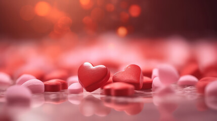 Close-up of red hearts on red bokeh background, Valentine's Day