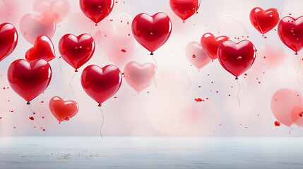 Valentines day background with red and white heart-shaped balloons. Generative AI technology.