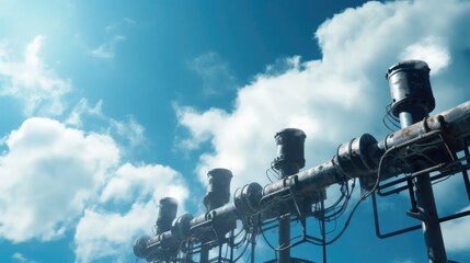 smoking pipes against a blue sky, depicting dioxide air contamination.