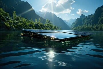 Floating solar innovation nature powered clean energy harvesting, futurism image - obrazy, fototapety, plakaty