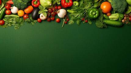 Fresh organic vegetables on green background top and bottom place for text.Generative AI