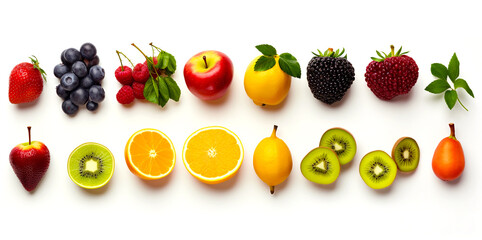 Various fruits healthy food concept Arrange a beautiful top view Including fruits with high vitamins, fresh fruits such as oranges, apples, grapes, etc., with space on a white background.