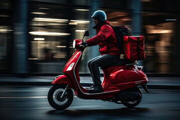 a man with a red scooter and packages driving by city street