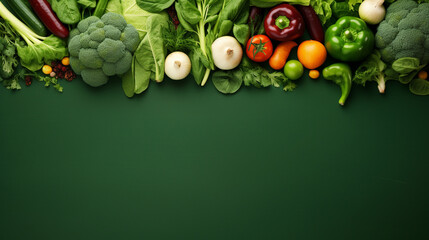 Fresh organic vegetables on green background top and bottom place for text.Generative AI