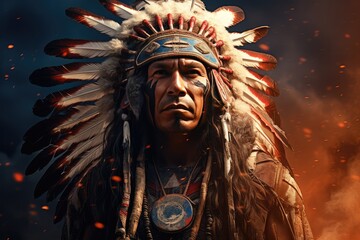 a native american Indian man wearing an indian headdress