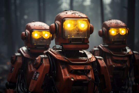 Robots equipped with firefighting capabilities responding to emergencies in a highly efficient and coordinated manner, futurism image
