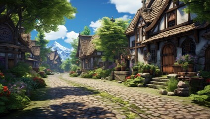 a picture of a village road in an anime style