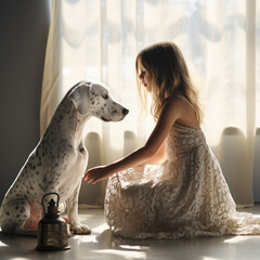 Bambina seduta vicino al suo cagnolino - obrazy, fototapety, plakaty