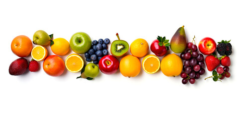 Obraz na płótnie Canvas Various fruits healthy food concept Arrange a beautiful top view Including fruits with high vitamins, fresh fruits such as oranges, apples, grapes, etc., with space on a white background.
