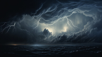 Ciel orageux au dessus de la mer à la nuit tombée - obrazy, fototapety, plakaty