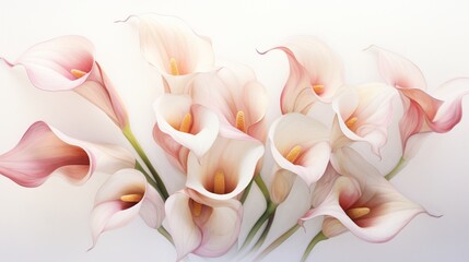 Obraz na płótnie Canvas Elegant calla lilies in shades of cream and pink, captured in stunning detail on a white surface.
