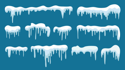 Set of snow icicles. Winter snow caps with ice. Flat vector design isolated on blue background. Snowdrifts, icicles, elements winter decor. Christmas, New Year