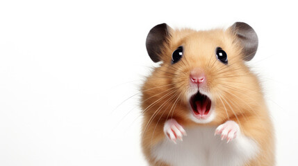 Portrait of a surprised red hamster on a white background. Banner concept for veterinary clinic or pet store.