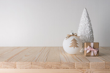 Holiday concept with Christmas decor on wooden table. Creative Christmas or New Year background.