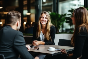 Portraits of employees in natural interactions during meetings or brainstorming sessions, with copy space