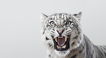 Grinning Bengal tiger on a white background.