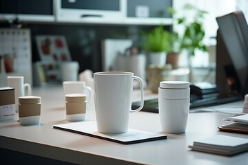 Close-ups of office culture elements like coffee stations or team boards, highlighting daily routines, with copy space