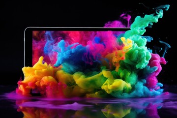 a tablet with a colorful liquid splashing out of it's screen