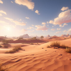 a peaceful desert landscape with rolling dunes and a distant oasis