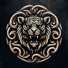 3d Tiger logo carving and engraving on dark background