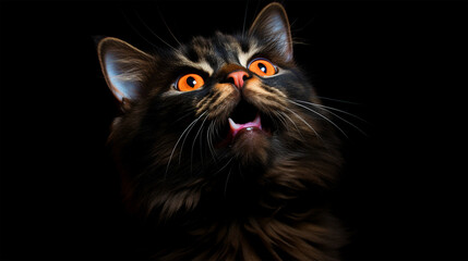 Happy cat portrait on isolated black background - ai generative